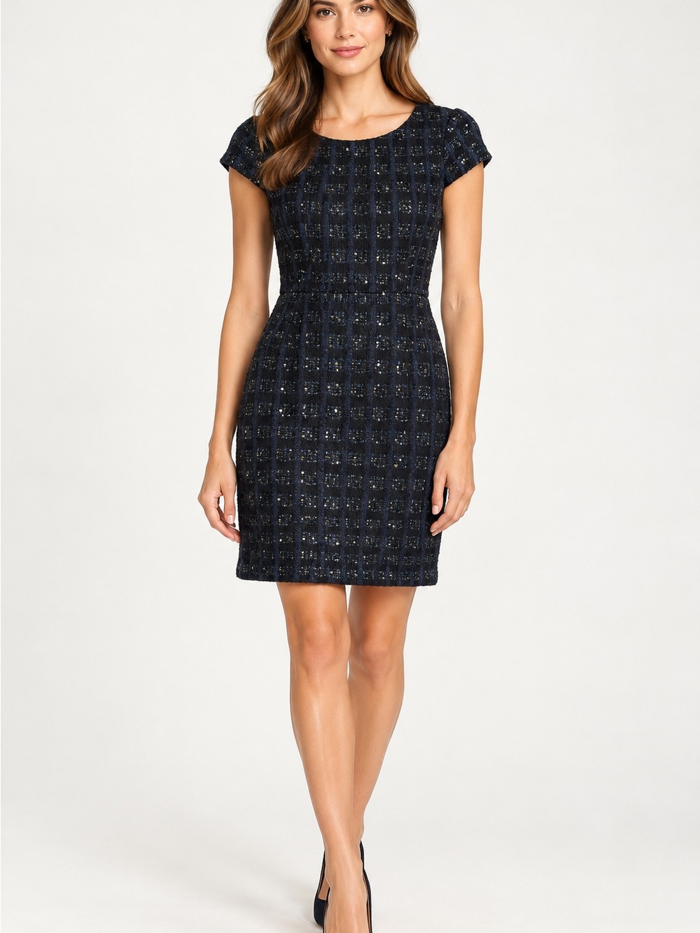 Brooks Brothers Navy Wool-Blend Tweed Sequin Sheath Dress – Size 2